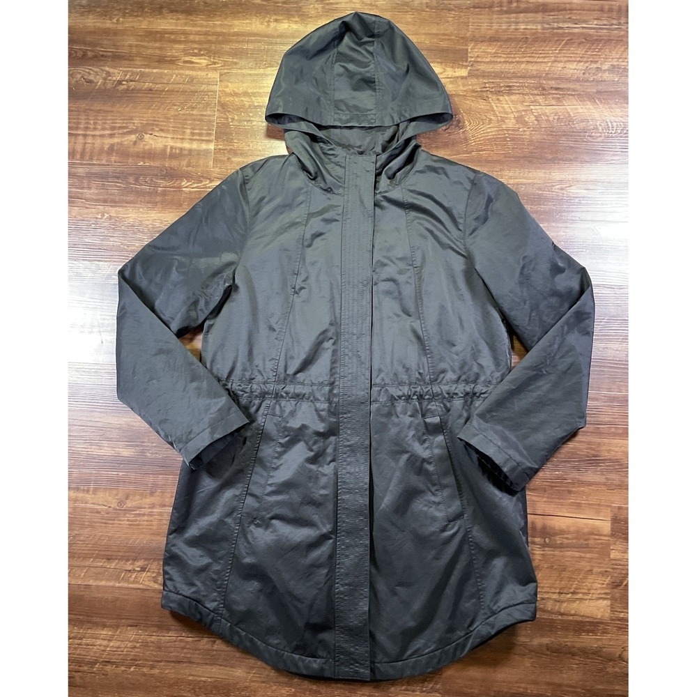 Eileen Fisher Hooded Coat Womens M Black Organic Cotton Nylon Anorak Utility